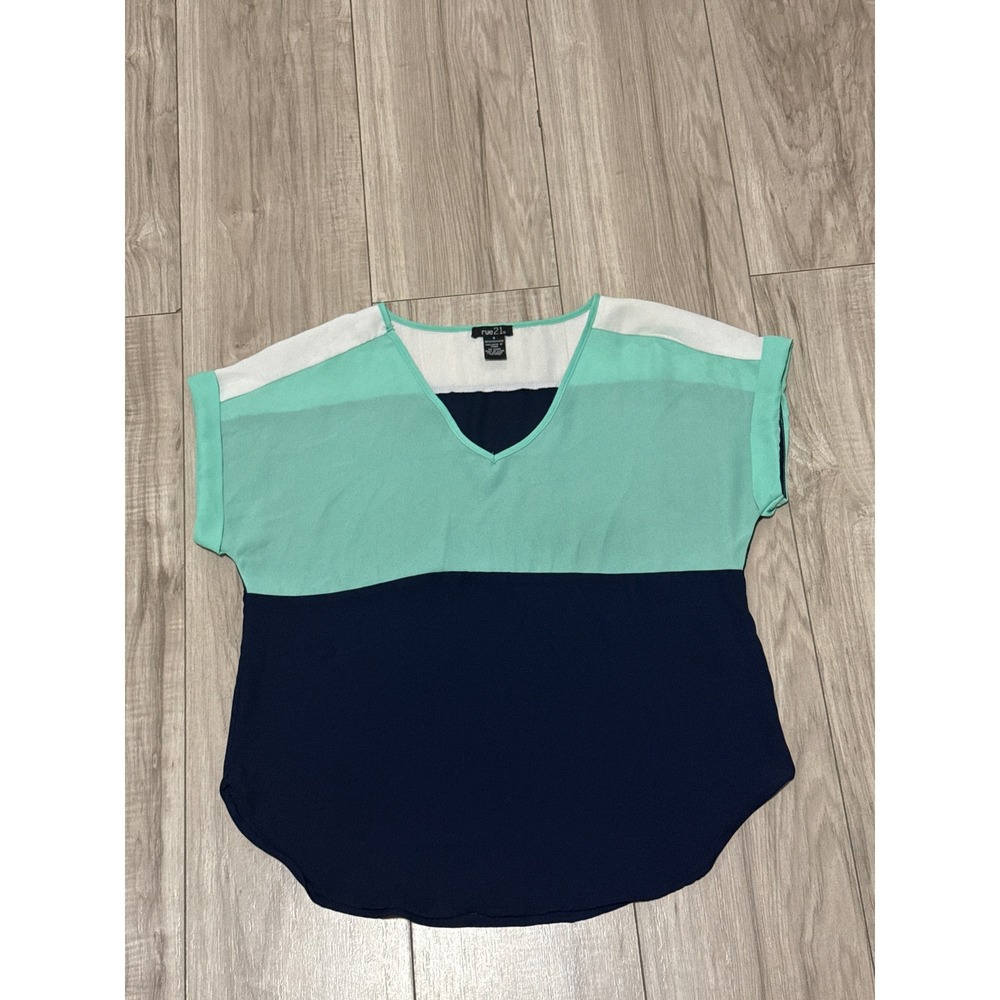 rue21 Womens Mint Green Navy Blue Colorblock V-Neck Chiffon Blouse Small - Picture 3 of 6